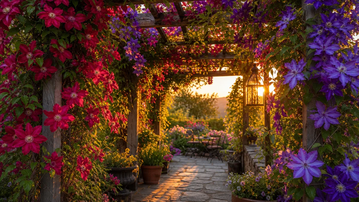 a stunning garden pergola draped in deep red and violet clematis in…