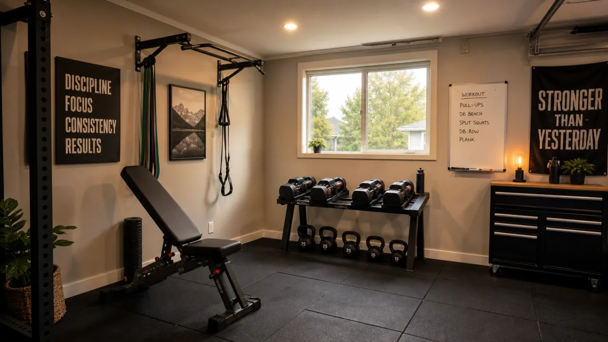 a compact garage gym with rubber floor tiles, adjustable dumbbells and a…