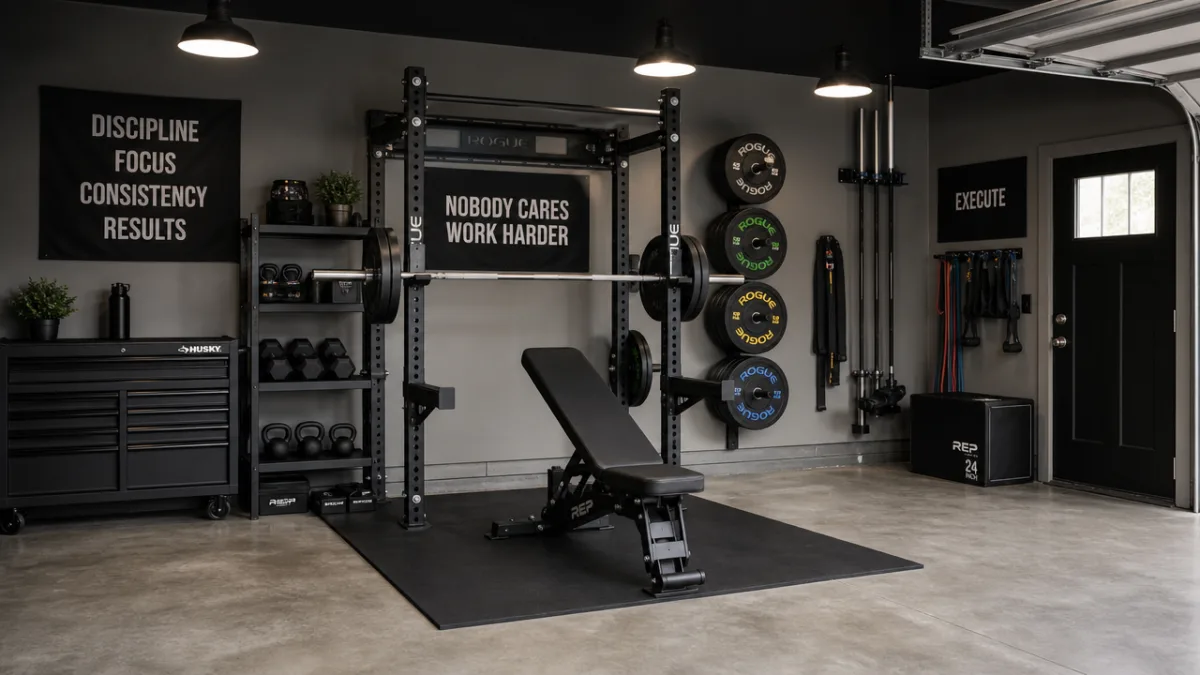 a well-organized garage gym featuring a barbell, weight plates, squat stand and…
