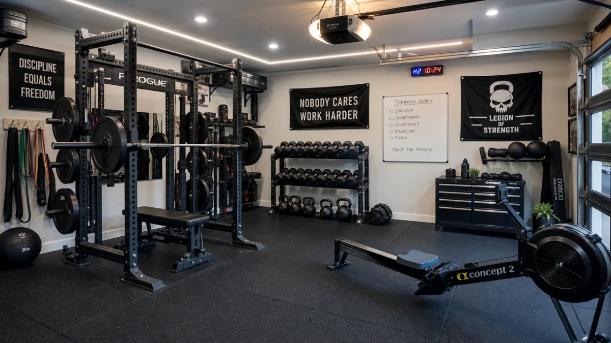 a fully equipped garage gym with power cage, barbell, kettlebells, rowing machine,…