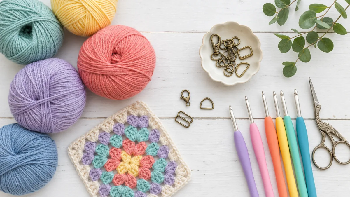 a flat lay of colorful cotton yarn, crochet hooks, metal clasps, and…