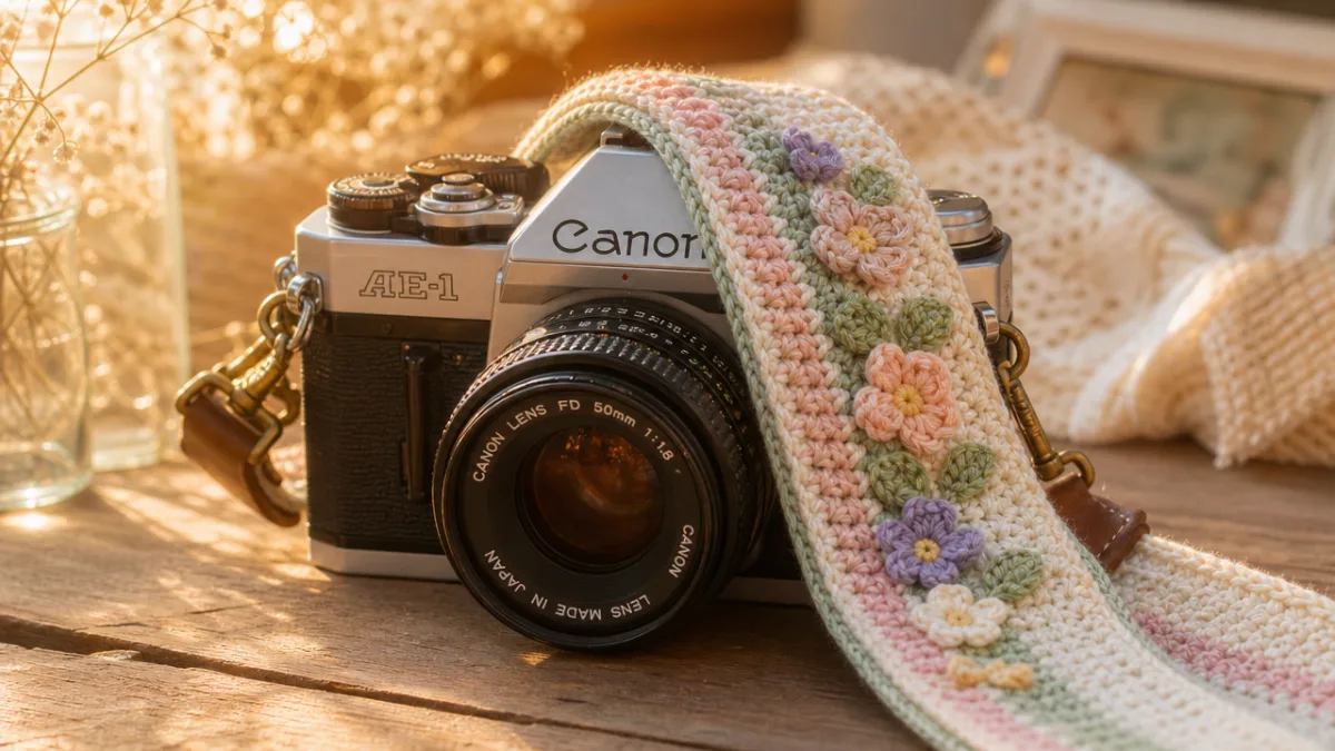 a crocheted pastel camera strap with tiny floral embellishments draped over a…