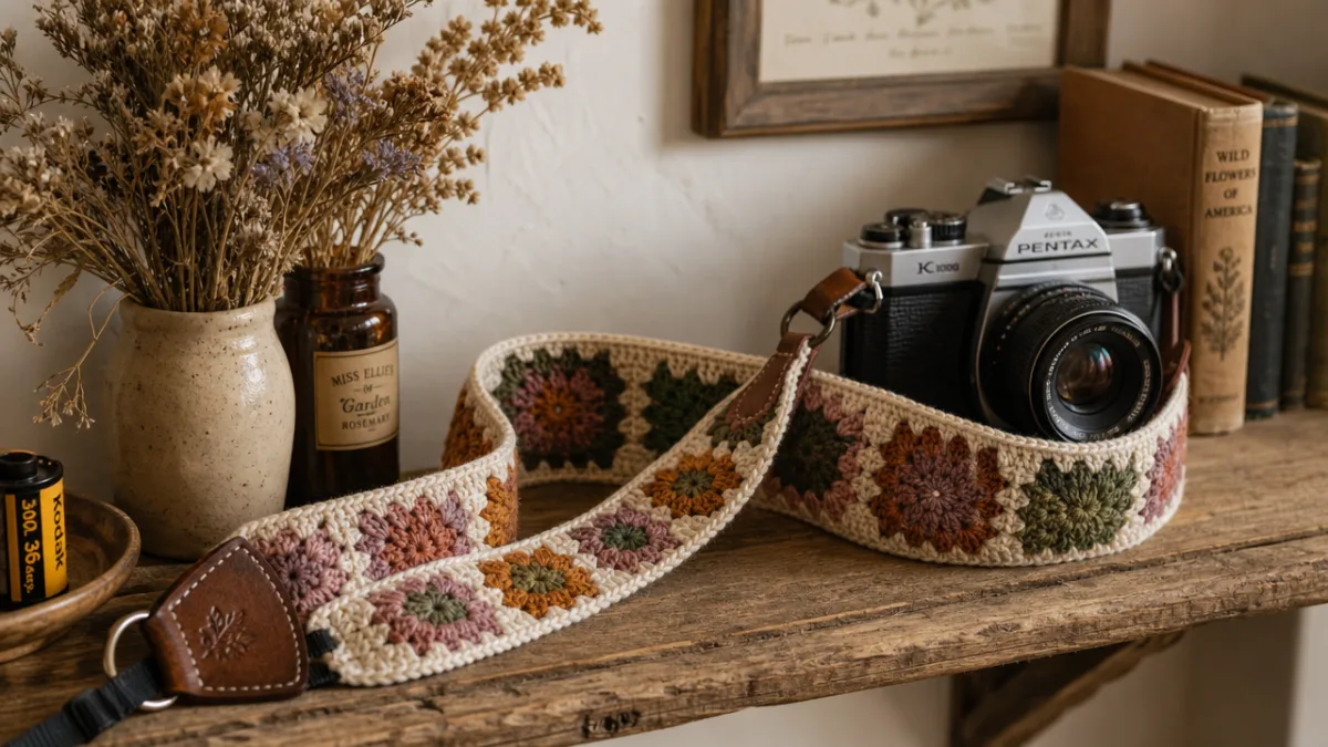 a handmade crocheted camera strap displayed on a rustic wooden shelf beside…