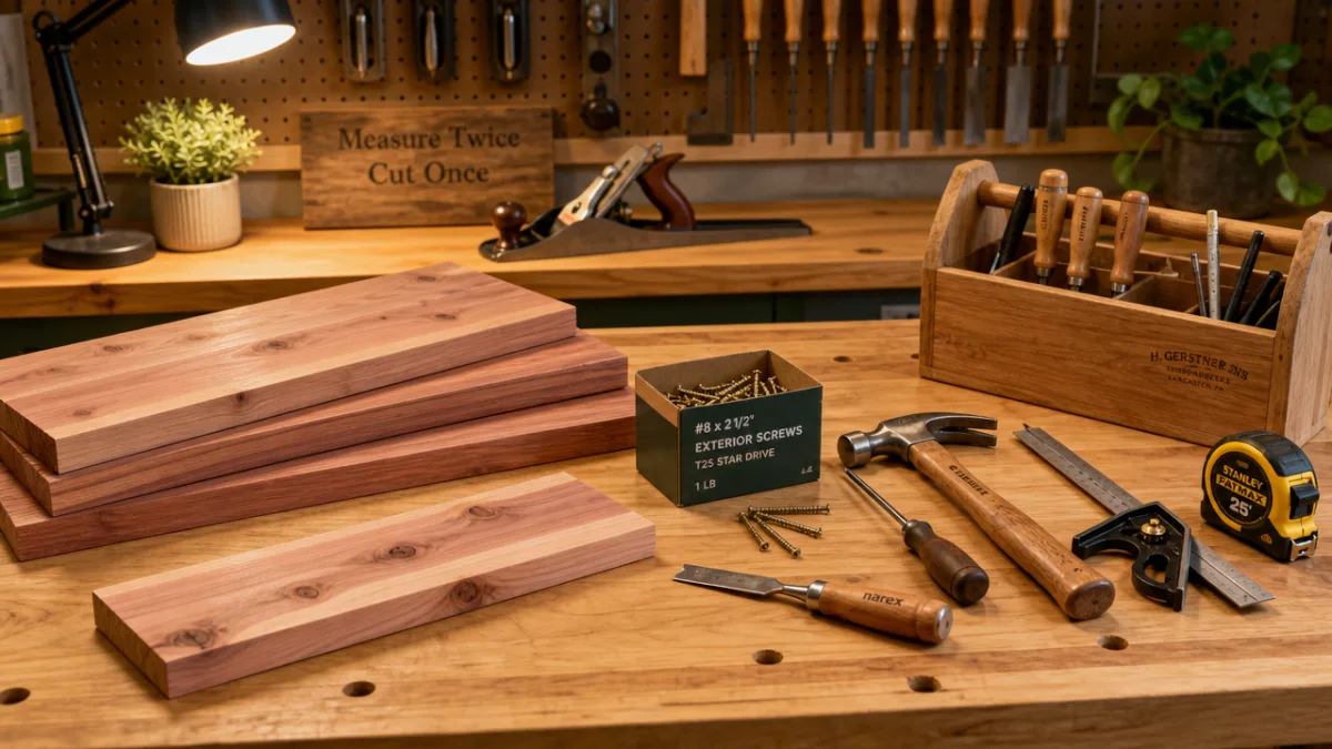 a well-lit woodworking workbench with cedar boards, screws, and hand tools arranged…