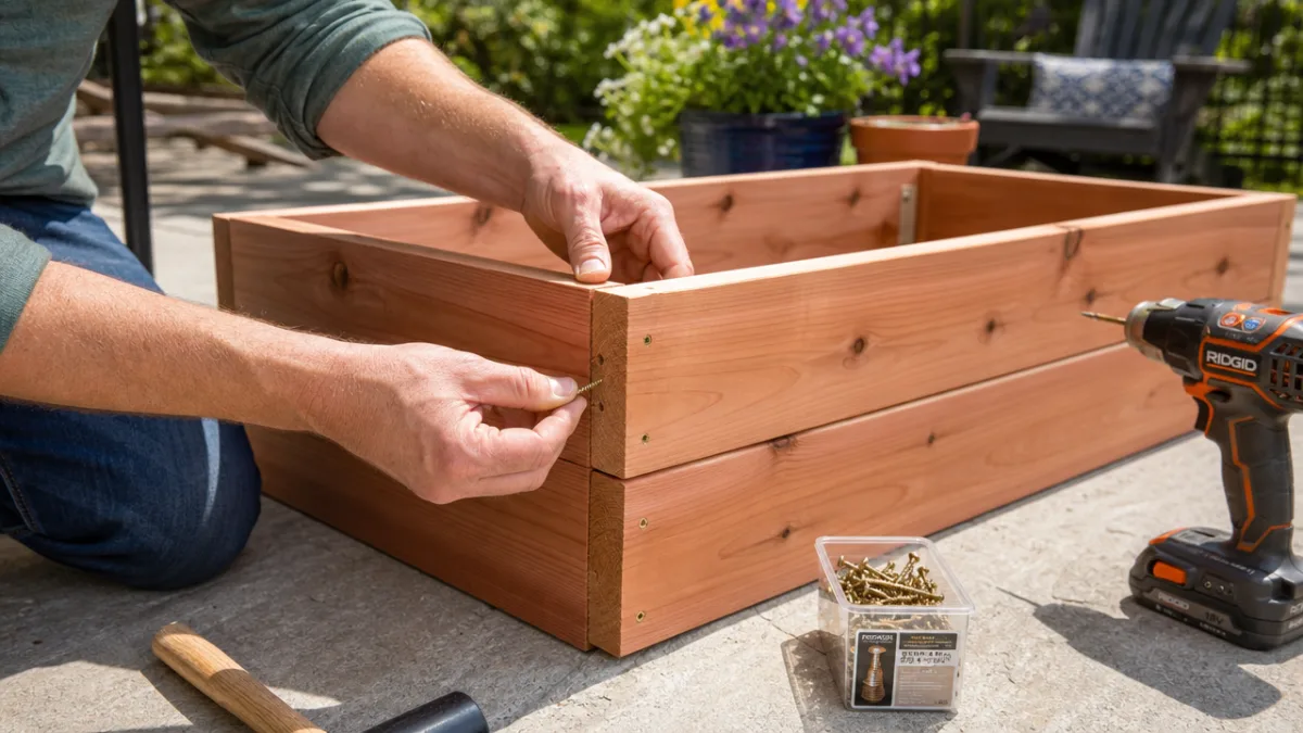 hands assembling a cedar planter box on a sunny outdoor patio, detailed…
