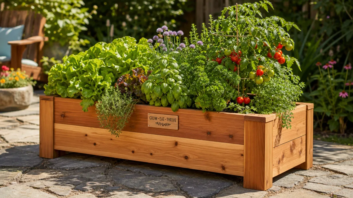 a beautifully finished cedar planter box overflowing with herbs and vegetables in…