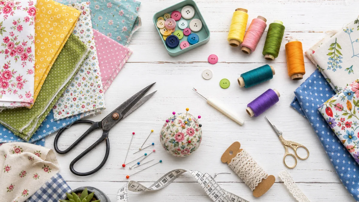 a flat lay of colorful fabric scraps, scissors, thread spools, and sewing…