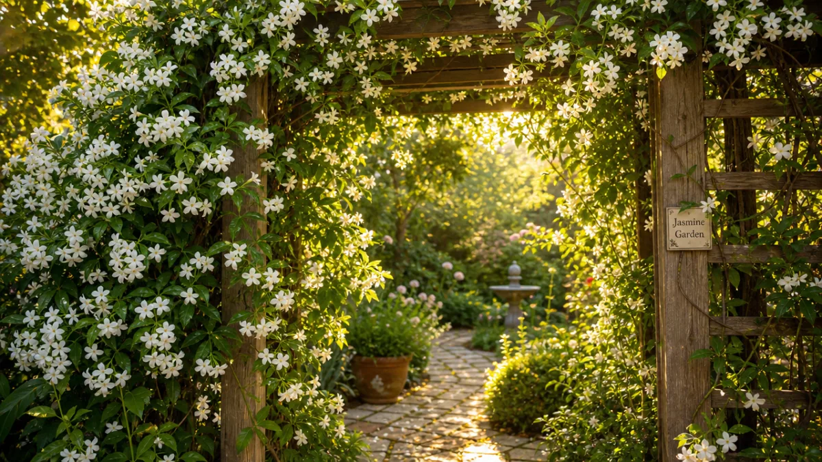 a lush garden trellis covered in blooming white jasmine vines, warm golden…