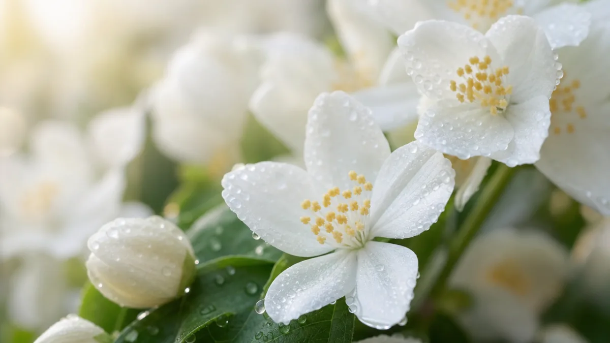 close-up of delicate white jasmine blossoms with dew drops, soft diffused morning…