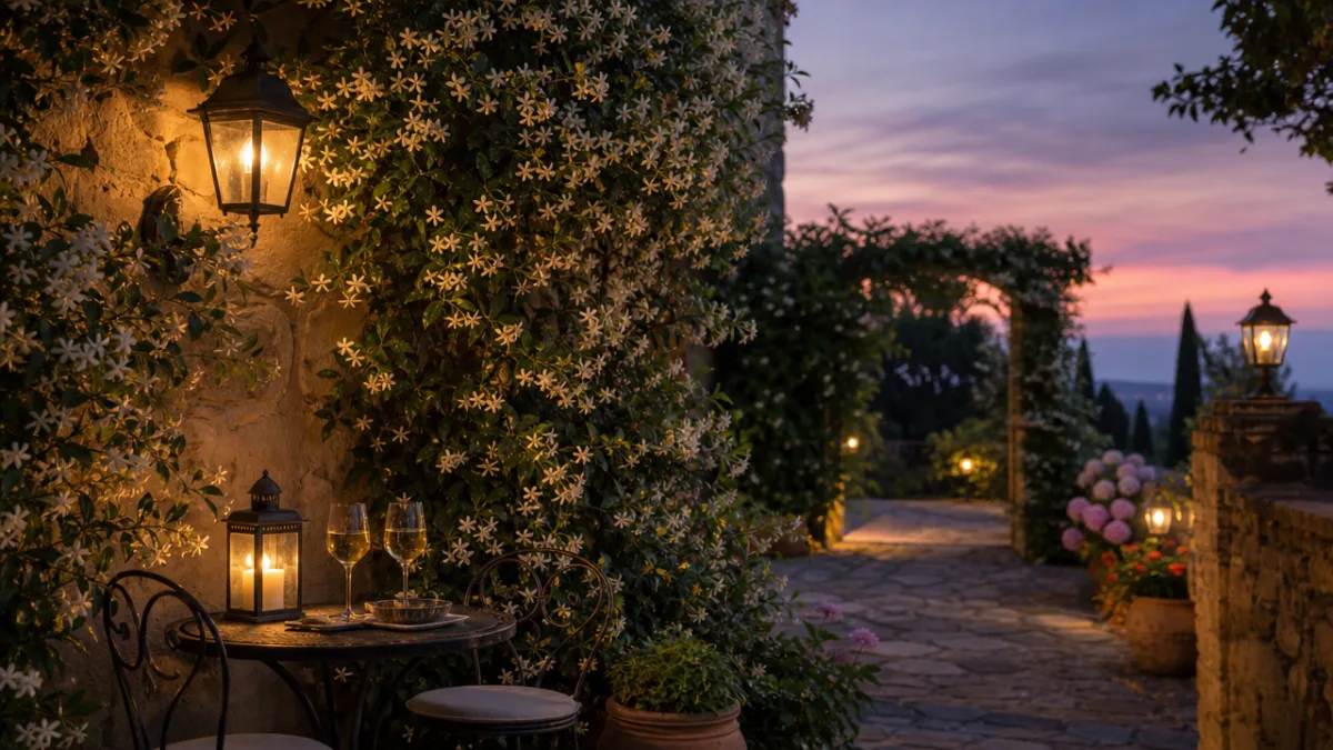 a romantic evening garden scene with jasmine climbing a stone wall, soft…