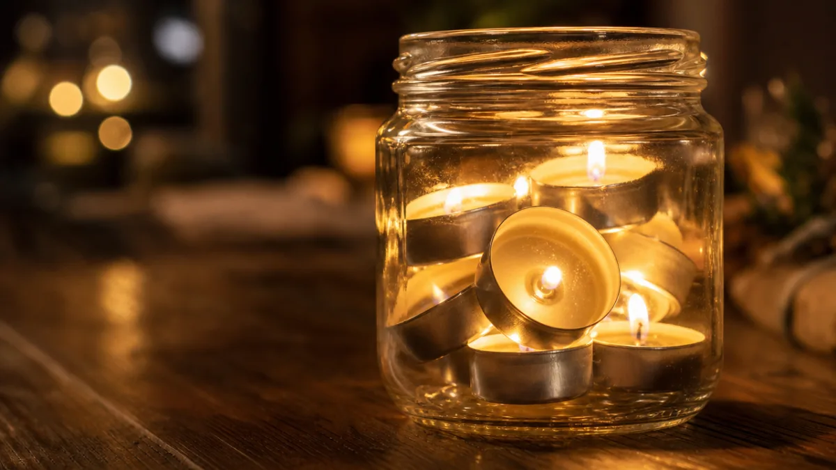 a close-up of a jar of tealight candles on a wooden table,…