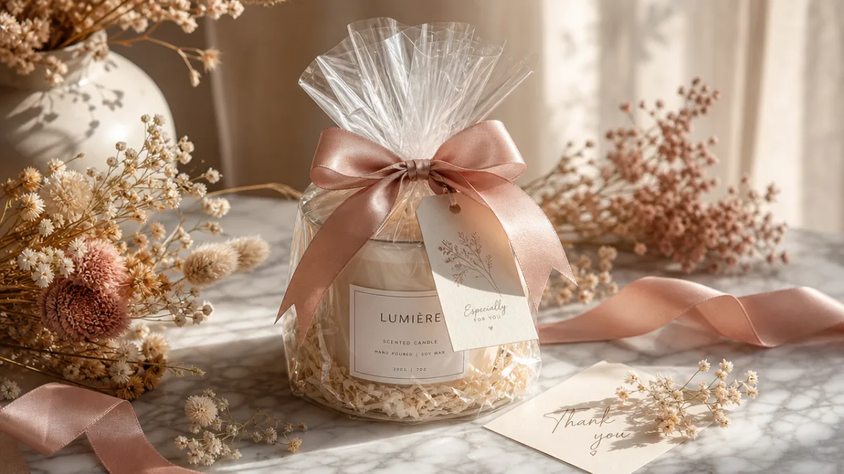 a beautifully wrapped candle jar gift on a marble surface, surrounded by…
