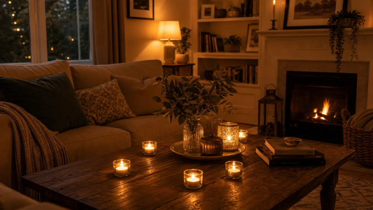 a cozy living room with multiple tealight candles glowing on a coffee…