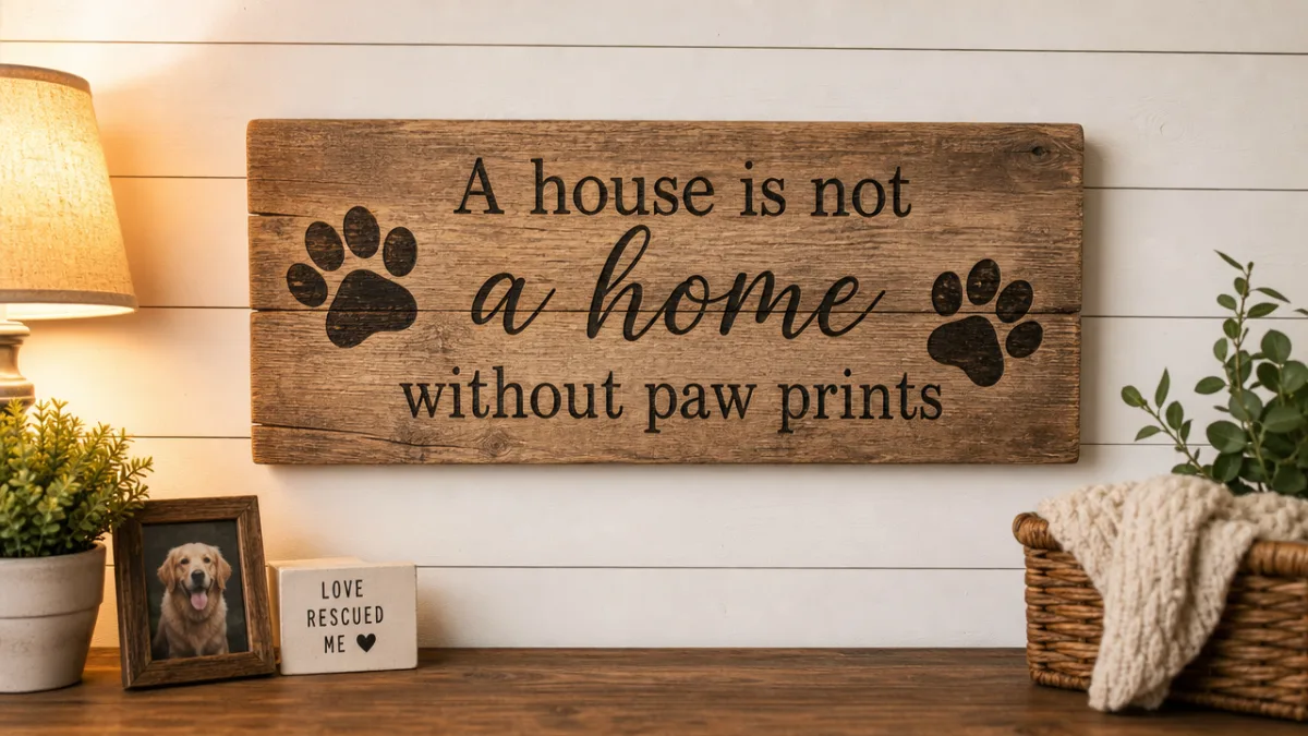 a rustic wooden sign with paw prints displayed on a white shiplap…