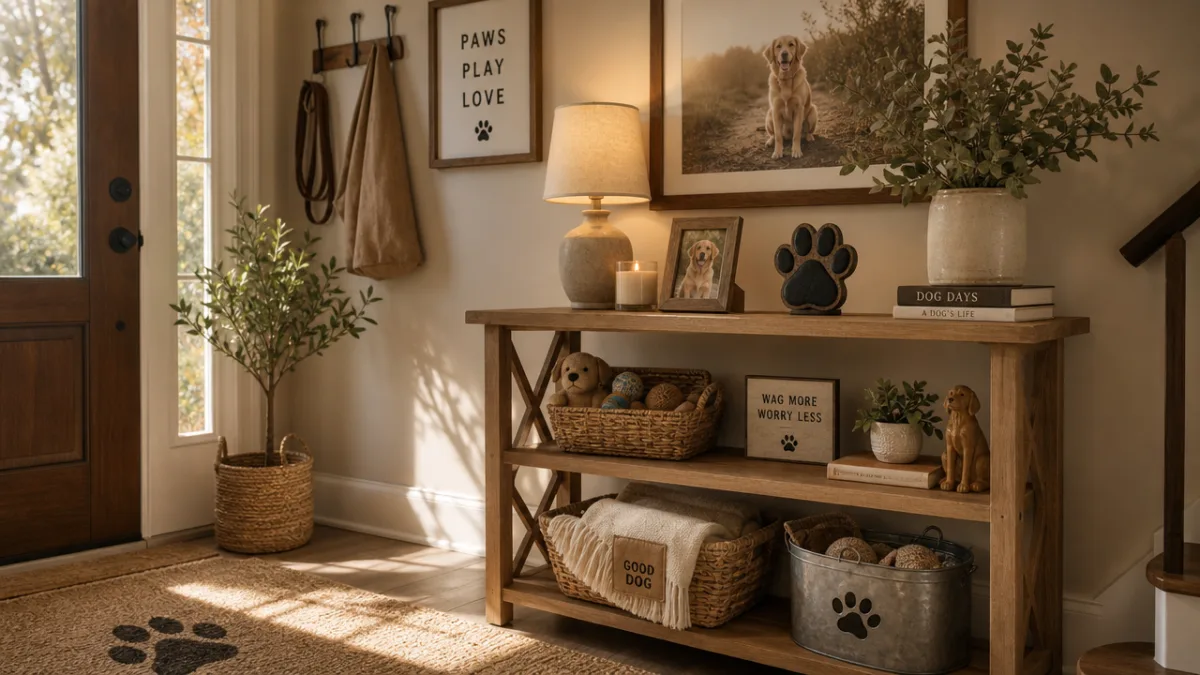a cozy home entryway with a wooden shelf styled with pet décor…