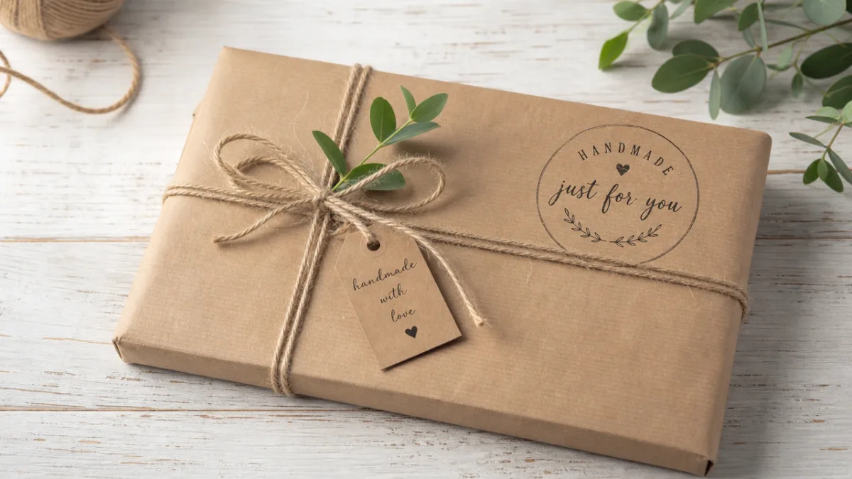 a beautifully wrapped handmade wooden sign gift with kraft paper and twine…