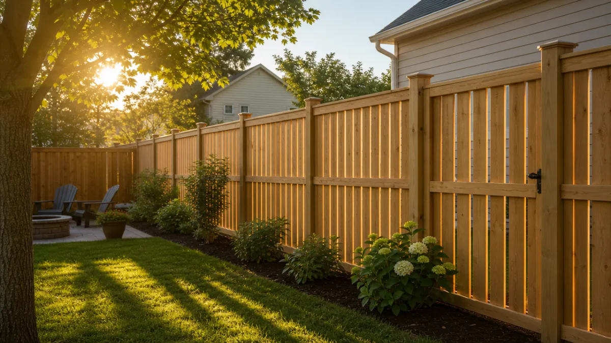 a sunlit suburban backyard with a freshly built wooden fence, warm golden…