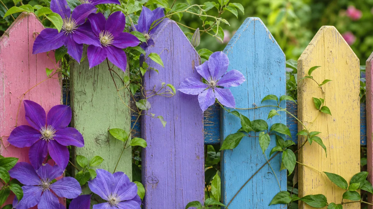 a close-up of a colorful painted wooden garden fence with climbing flowers,…