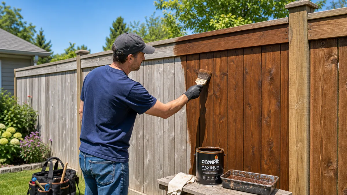 a homeowner applying wood stain to a backyard fence panel on a…