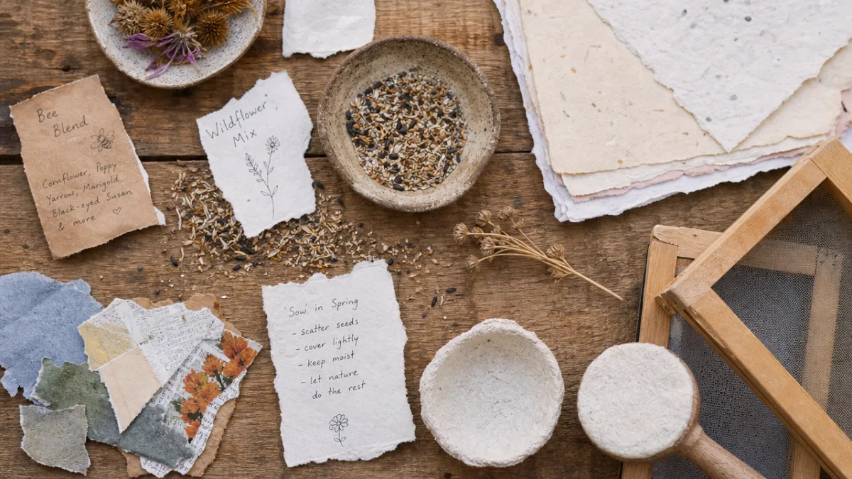flat lay of wildflower seeds, recycled paper scraps, and handmade paper tools…