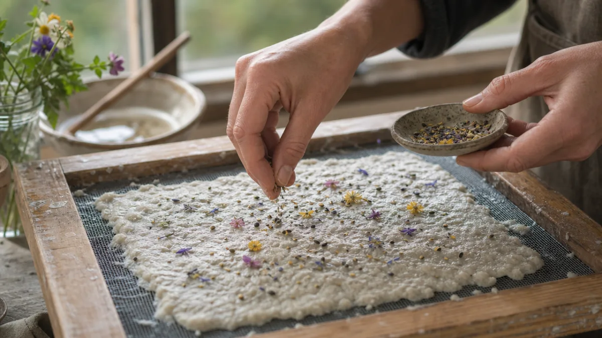 hands carefully sprinkling wildflower seeds onto wet handmade paper pulp on a…