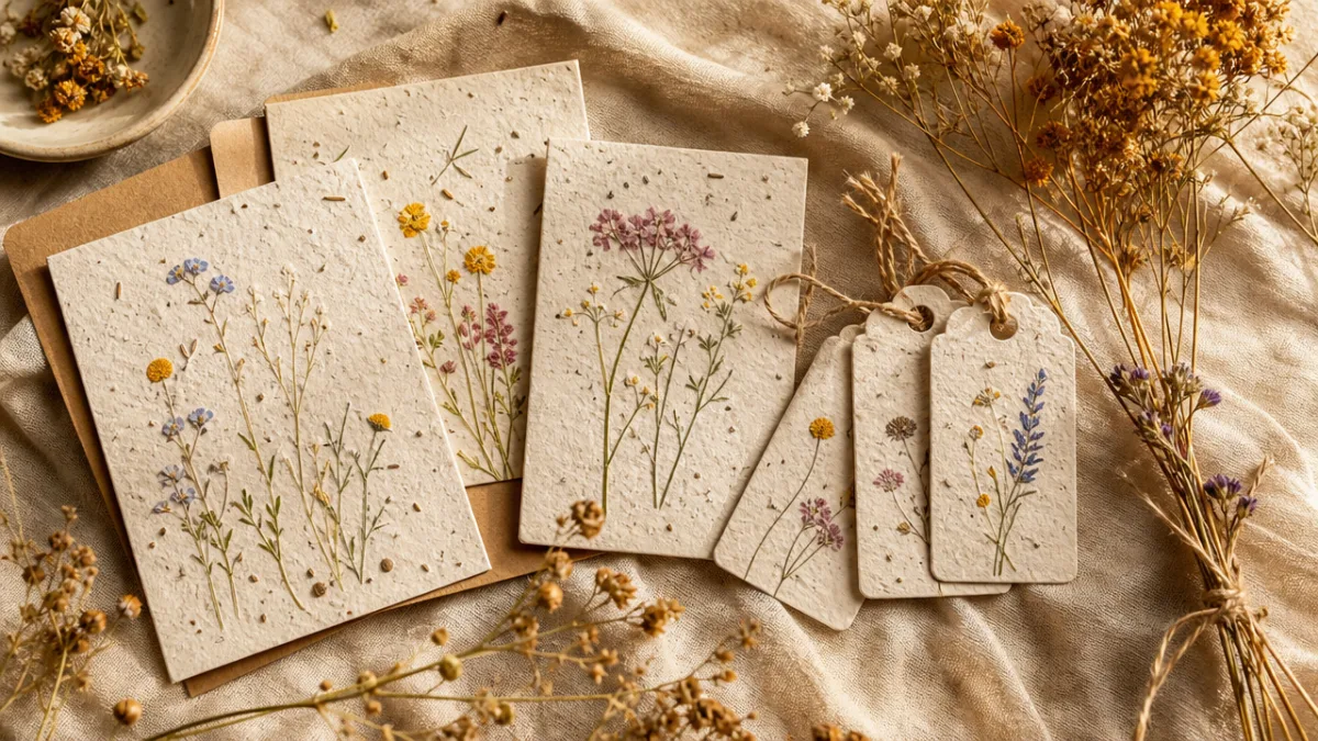 finished wildflower seed paper cards and gift tags arranged on linen cloth…