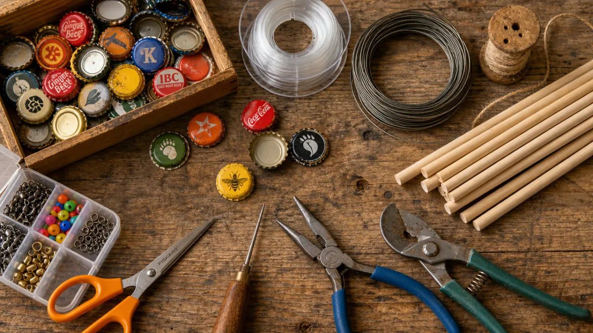 a flat lay of colorful bottle caps, fishing line, wire, wooden dowel,…