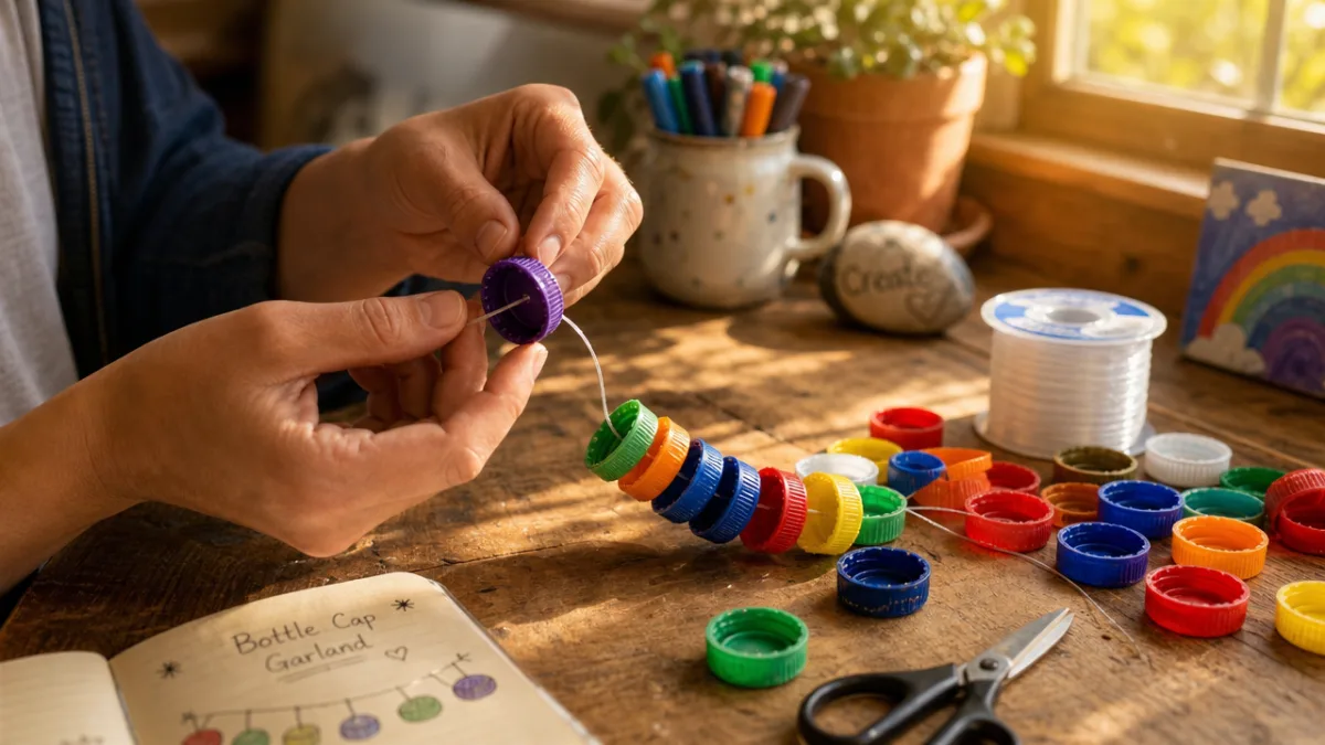 hands carefully stringing colorful bottle caps onto fishing line at a wooden…