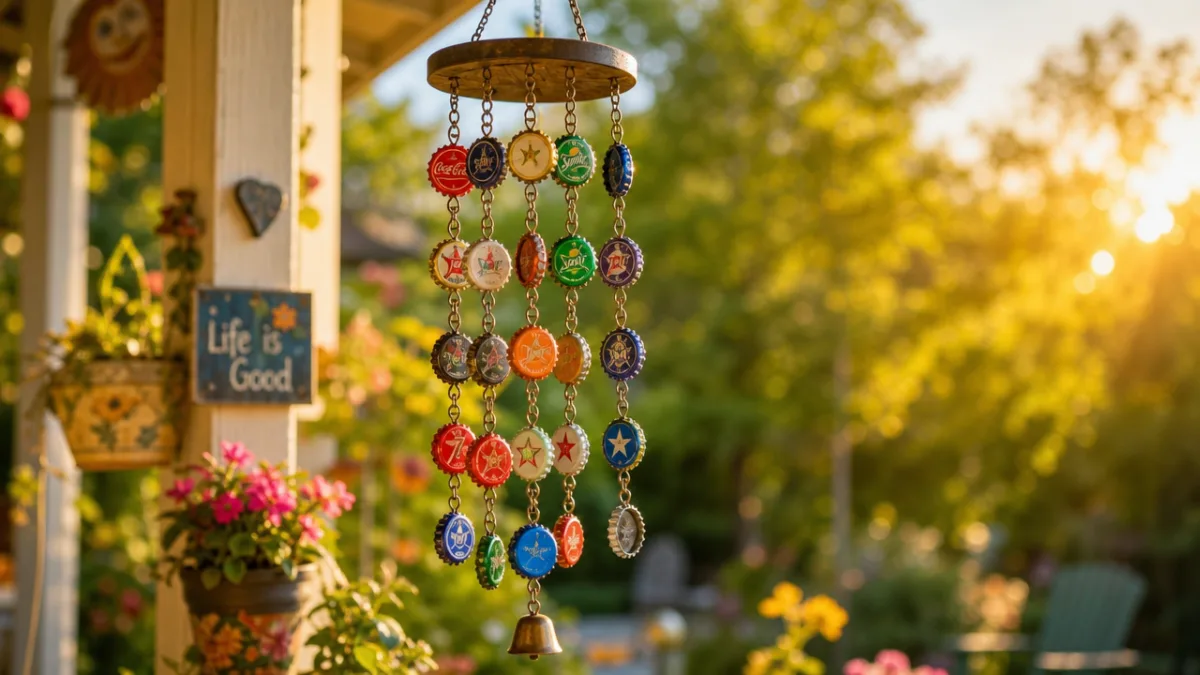 a colorful bottle cap wind chime hanging on a sunlit garden porch,…