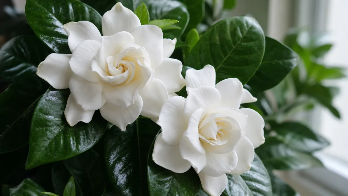 a close-up of white double gardenia blooms against glossy dark green leaves,…