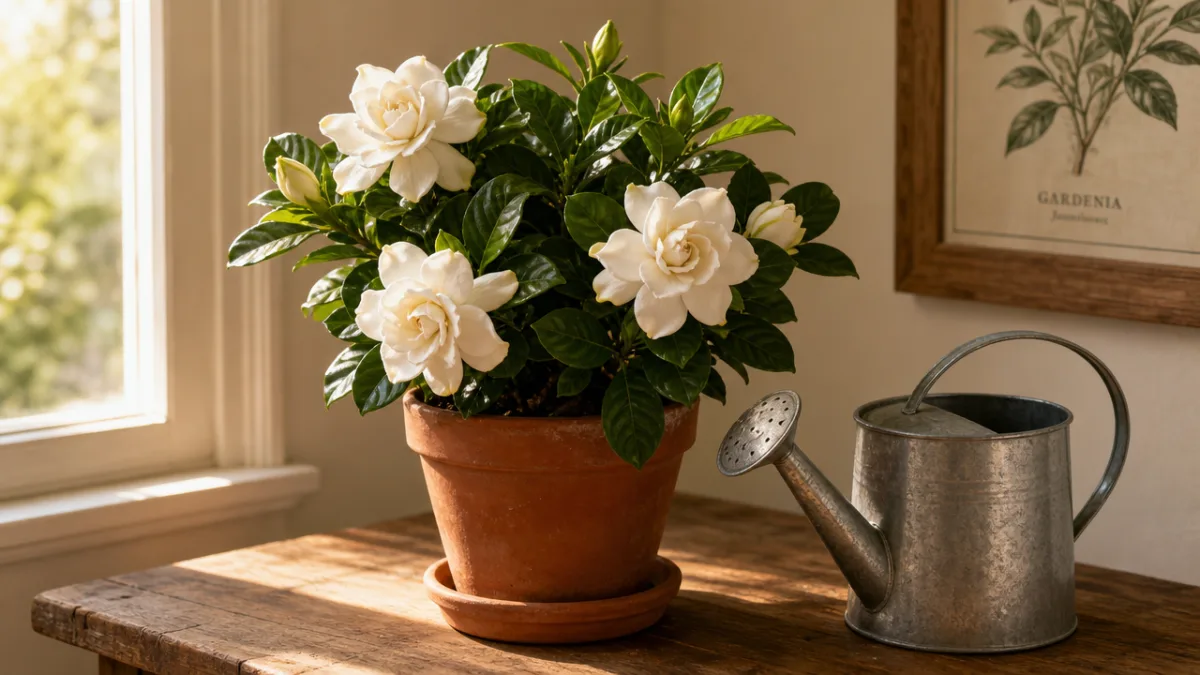 a gardenia houseplant in a terracotta pot on a wooden table beside…