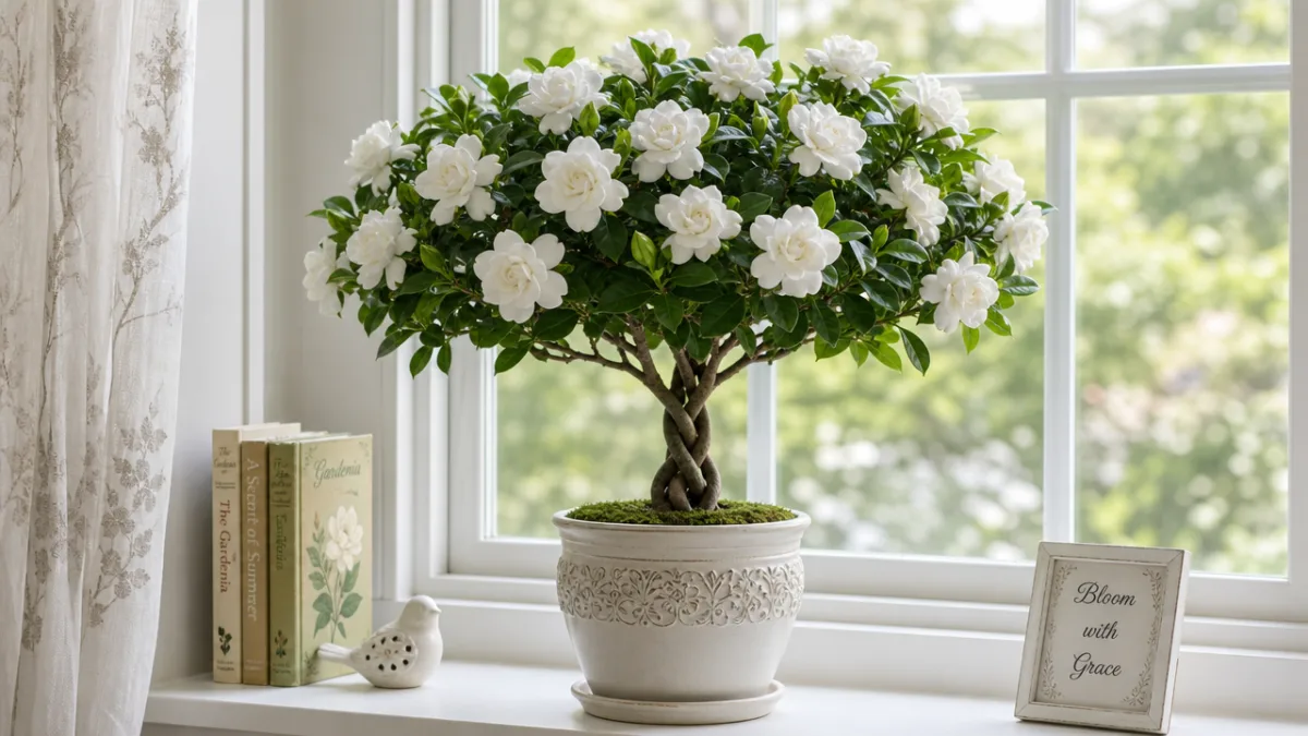 a braided trunk gardenia tree in full bloom displayed on a bright…