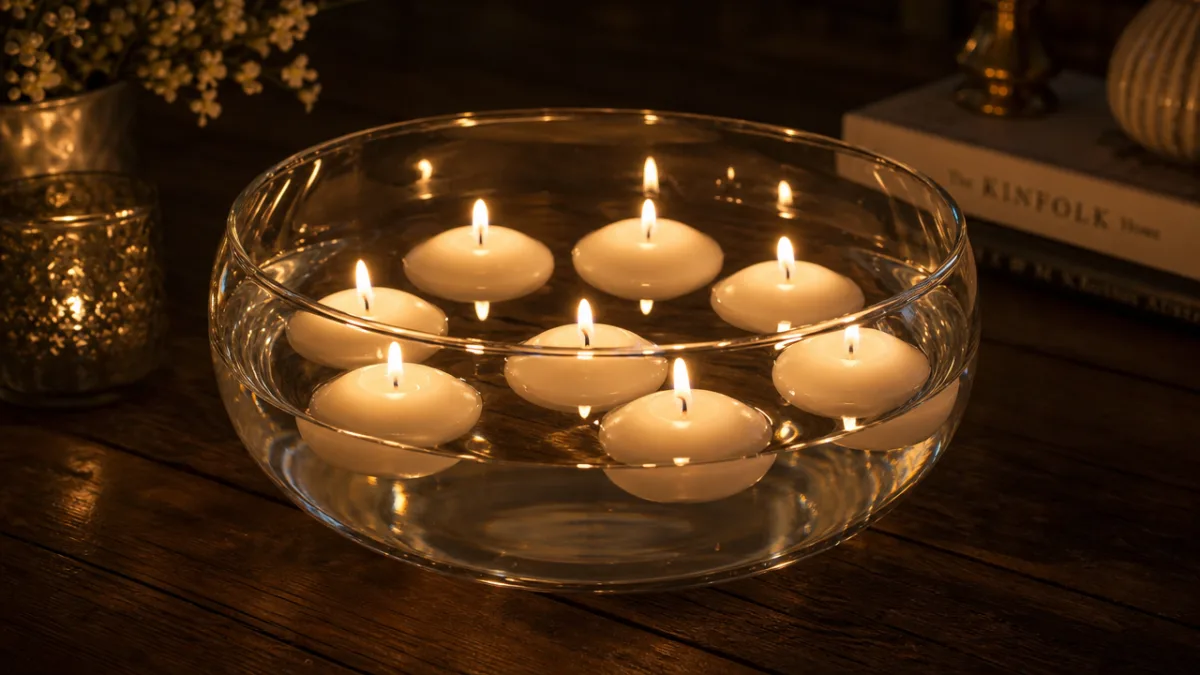 a glass bowl filled with water and white floating candles glowing softly…