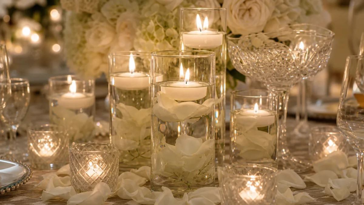 an elegant wedding table centerpiece with white floating candles, rose petals, and…