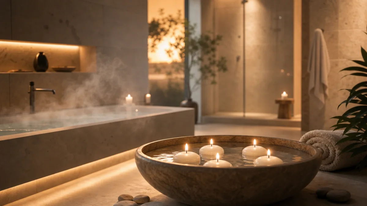 a serene spa bathroom with floating white candles in stone bowls, soft…