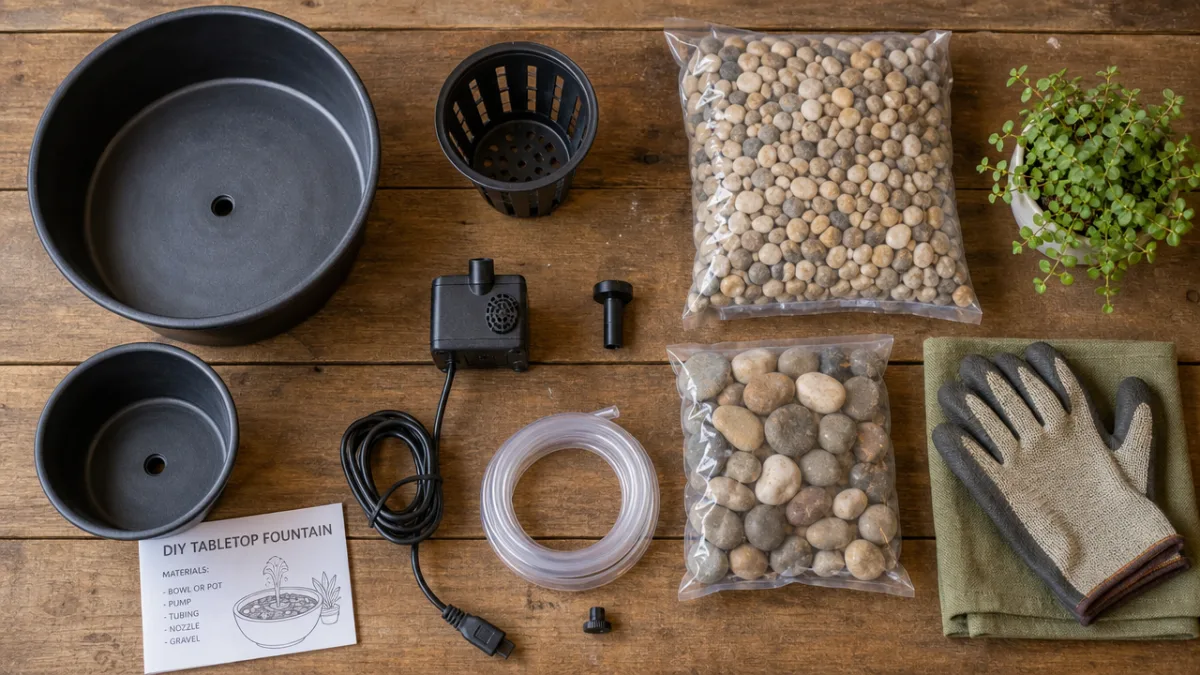 a flat lay of DIY fountain materials including plastic pots, pump, tubing,…