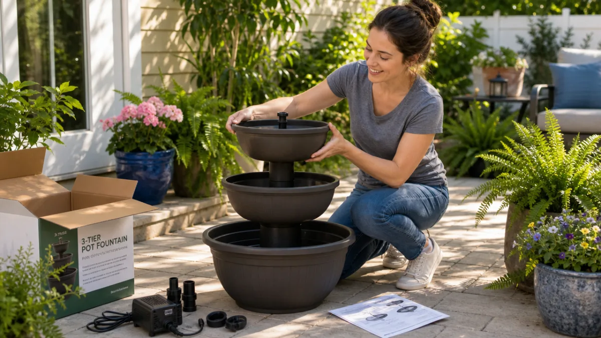 a three-tiered plastic pot fountain being assembled outdoors on a sunny patio,…