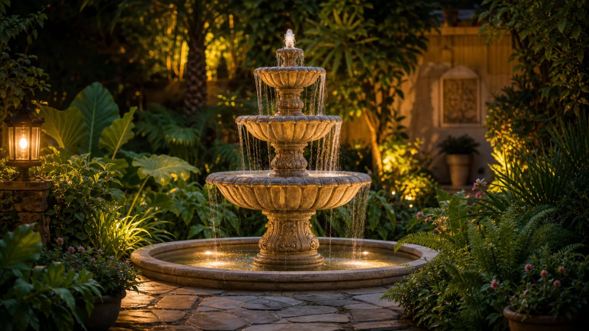 a finished three-tiered garden fountain surrounded by lush green plants and soft…