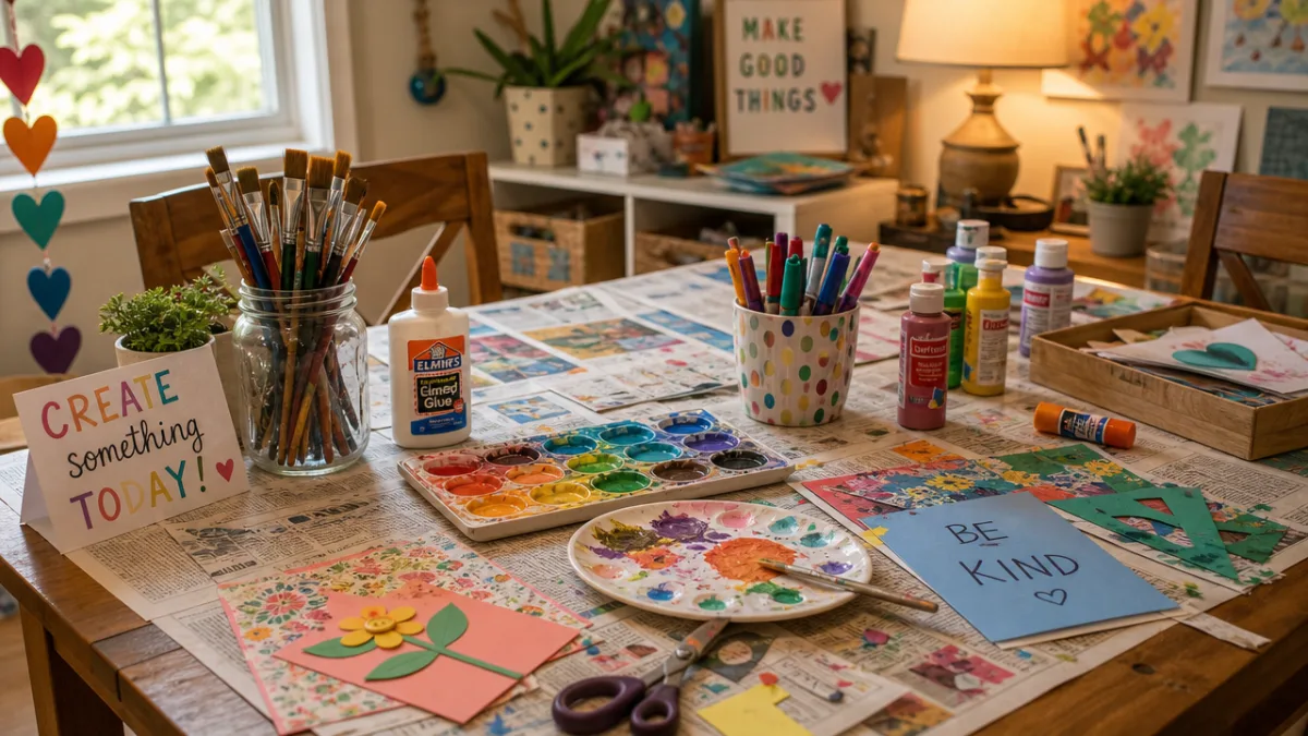 a cheerful craft table covered in newspapers, glue, and paint supplies, warm…