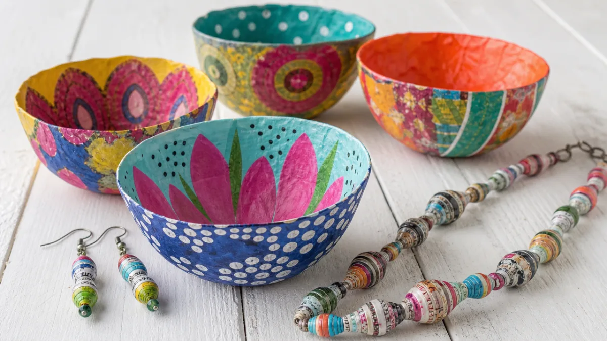colorful painted papier-mâché bowls and newspaper bead jewelry displayed on a white…