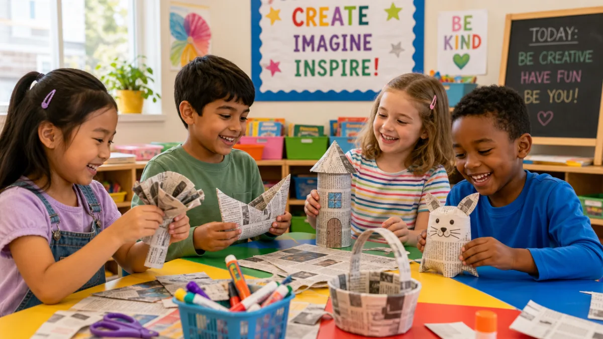 a group of children happily making newspaper crafts at a colorful table,…