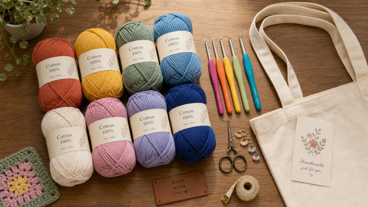 a flat lay of colorful cotton yarn skeins, crochet hooks, and tote…