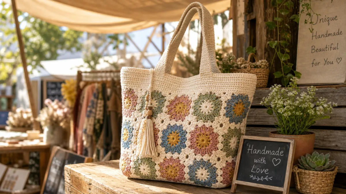 a beautifully finished handmade crochet tote bag on a rustic market stall,…