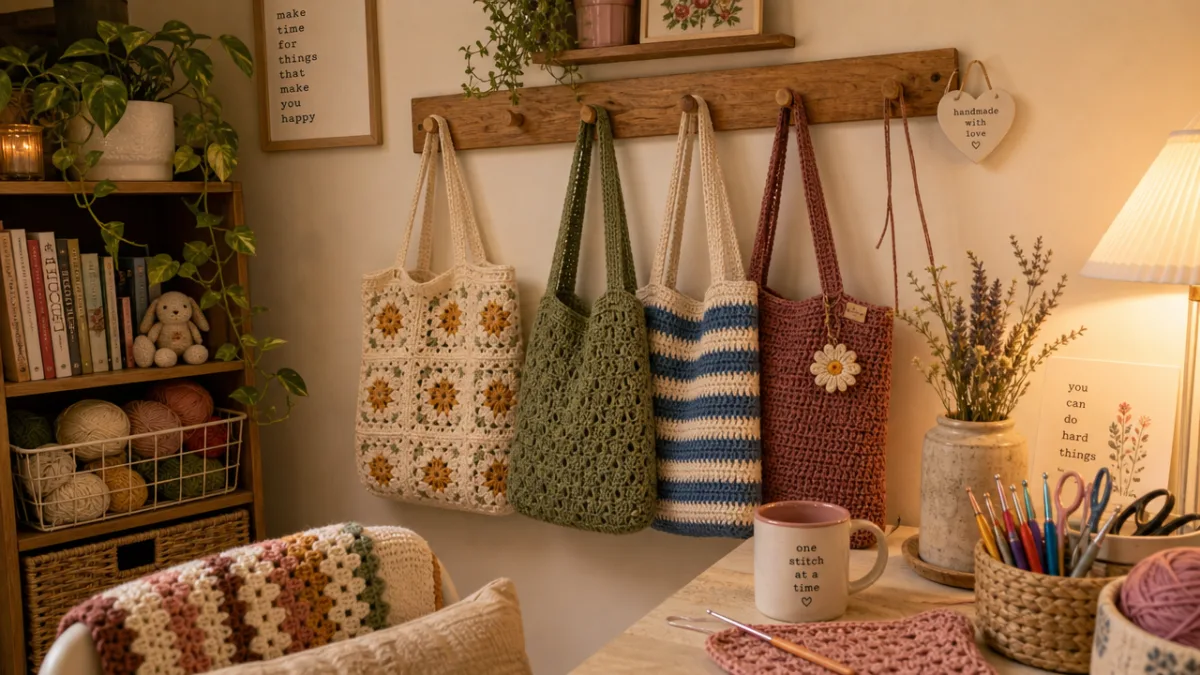 a cozy home crafting corner with finished crochet tote bags displayed on…