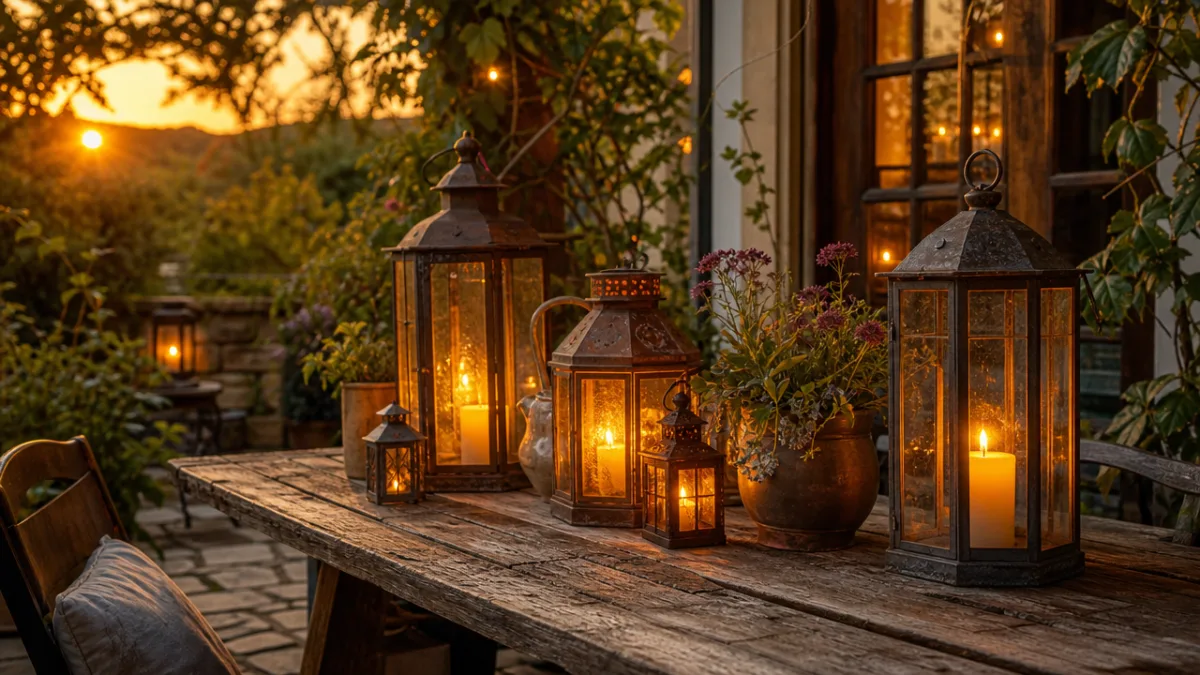 a rustic garden patio at golden hour with multiple glowing lanterns arranged…