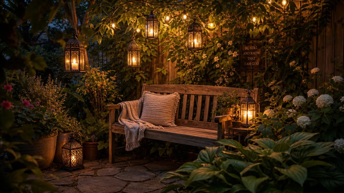 a cozy garden corner at dusk with hanging lanterns above a wooden…