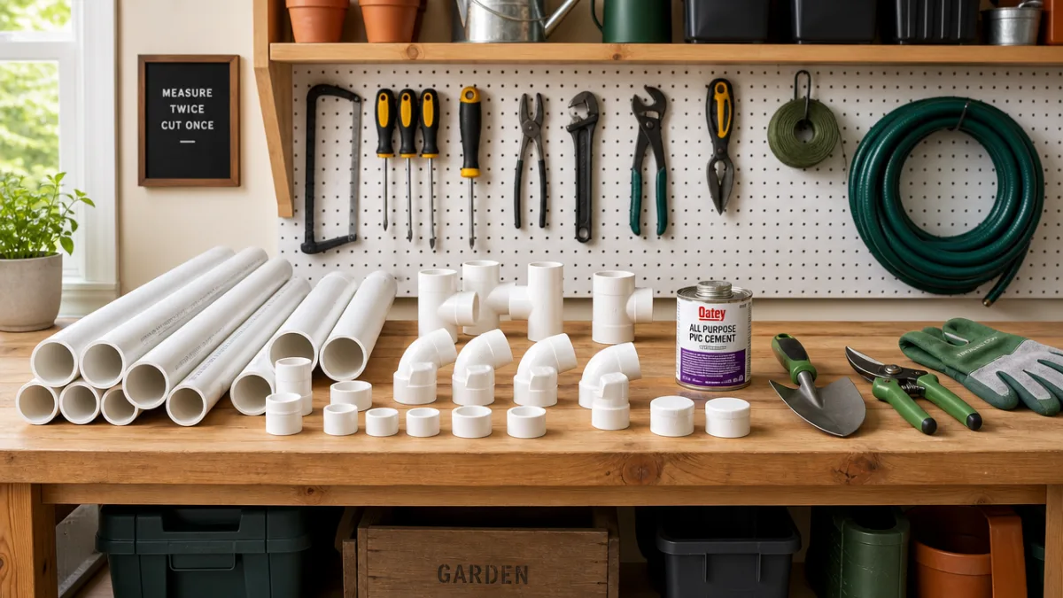 a neatly organized workbench with PVC pipes, fittings, and garden tools laid…