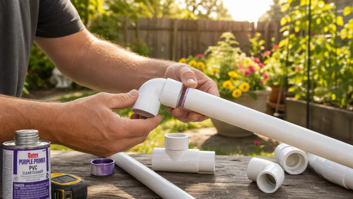 hands carefully assembling white PVC pipe fittings in a sunny backyard garden,…