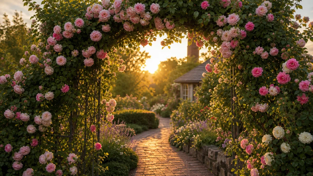 a lush garden arch covered in blooming climbing roses framing a garden…