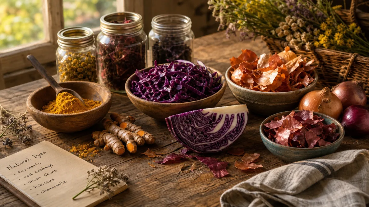a rustic wooden table with colorful natural dye ingredients like turmeric, red…